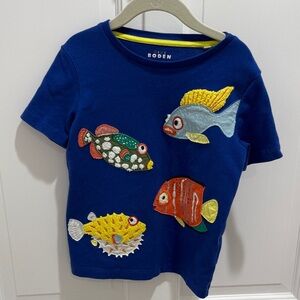 Boden Kids Navy T-Shirt with Colorful Fish Embroidery